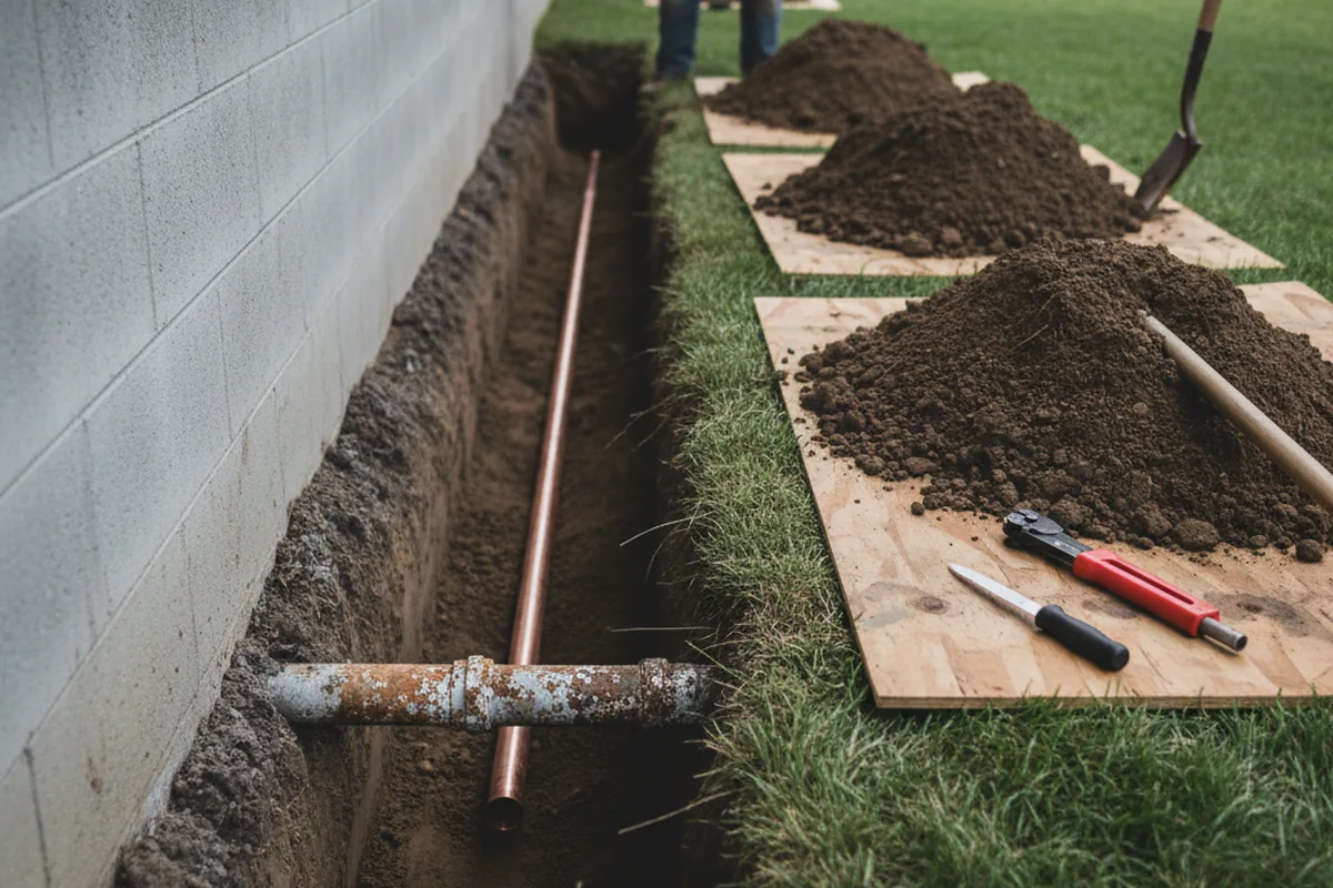 Excavated water line trench during Sewer Line Repair in Church Point